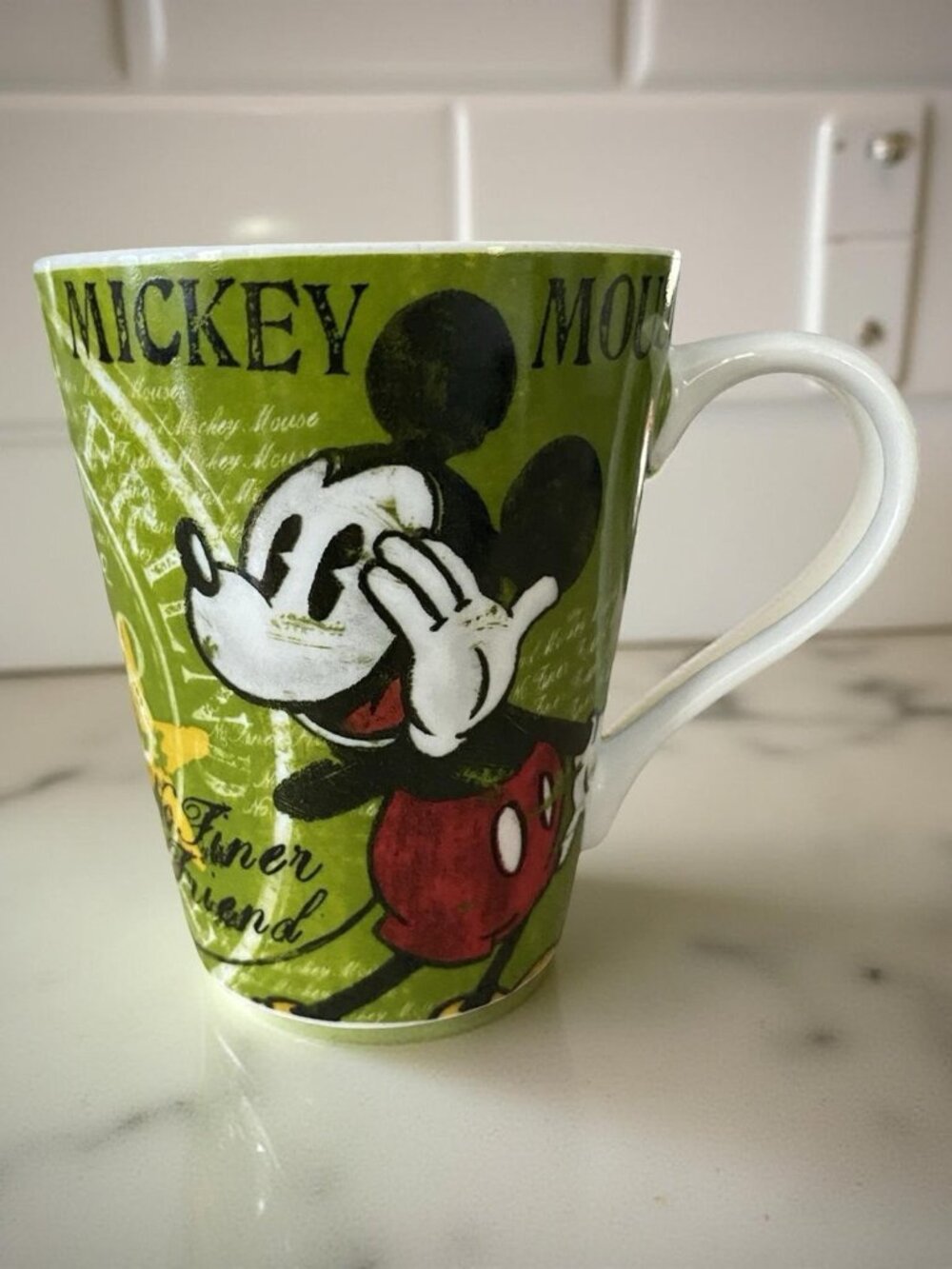 Disney Mickey Mouse No Finer Friend Mug Green Yellow Ceramic Coffee Cup